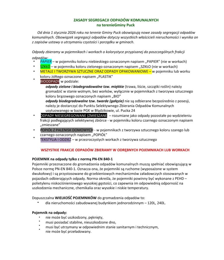 Zasady segregacji odpadów w Gminie Puck