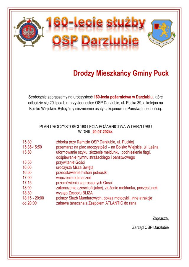 Plakat informujący o 160-lecie Ochotniczej Straży Pożarnej w Darzlubiu