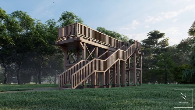 Wizualizacja nowej wieży widokowej w Osadzie Łowców Fok w Rzucewie. Drewniana konstrukcja z szerokimi schodami i barierkami, otoczona zielenią drzew. Projekt autorstwa AN Studio Pracowni Architektury