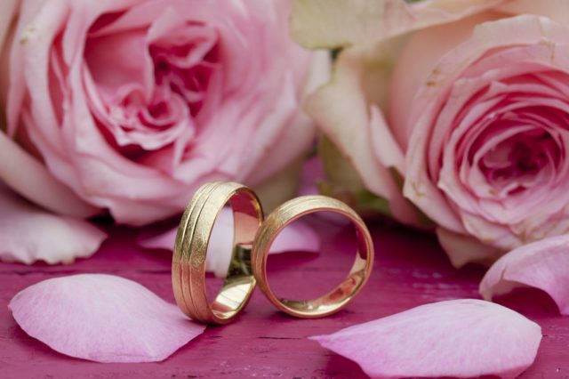 closeup-shot-of-engagement-rings-with-beautiful-pink-roses-on-the-table