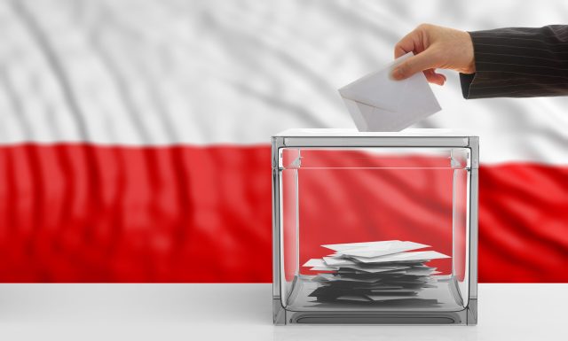 Voter on an waiving Poland flag background. 3d illustration